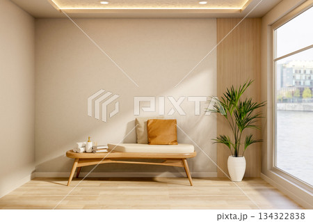 Wooden spa chair with pillow cushion and pot plants on wooden parquet floor aside glass wall window Wooden spa chair with pillow cushion and pot plants on wooden parquet floor aside glass wall window 134322838