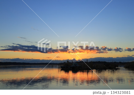 水面に映る朝焼け 水面に映る朝焼け 134323081