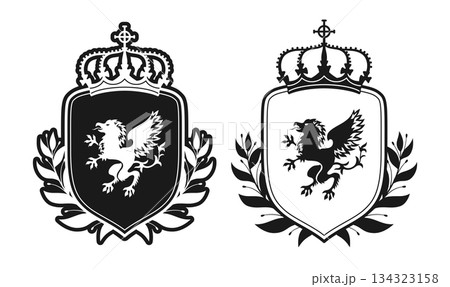 Coat of arms with noble griffin eagle shield crown Heraldic crest set vintage vector illustration 134323158