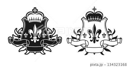 Coat of arms with heraldic classic lily shield crown heraldic crest set vintage vector illustration Coat of arms with heraldic classic lily shield crown heraldic crest set vintage vector illustration 134323168