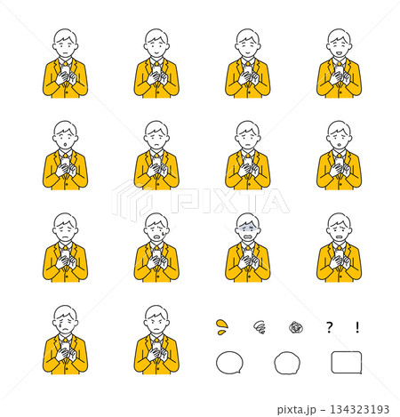 スマホを操作するビジネスマンの表情セット（喜怒哀楽・トラブル・アイコン付き）黄 134323193