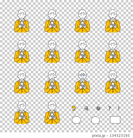 スマホを操作するビジネスマンの表情セット（喜怒哀楽・トラブル・アイコン付き）黄 134323193