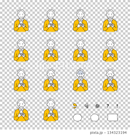 一群老年男性使用智慧型手機的臉部表情（包含喜悅、憤怒、悲傷、煩惱和圖標）黃色 134323194