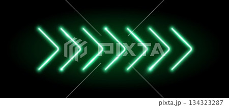Green neon arrow element. Green glowing led direction sign. Shine tube lamps in arrowhead shape. Bright luminous fluorescent pointer effect for banner, poster, logo. Vector neon led light illustration Green neon arrow element. Green glowing led direction sign. Shine tube lamps in arrowhead shape. Bright luminous fluorescent pointer effect for banner, poster, logo. Vector neon led light illustration 134323287