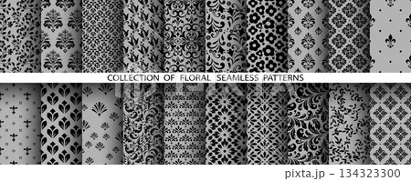 Geometric floral set of seamless patterns. Gray and black vector backgrounds. Damask graphic ornaments 134323300