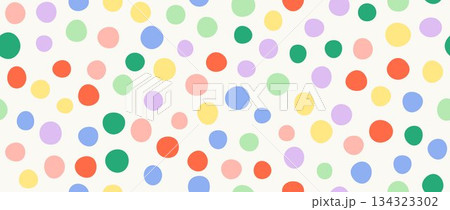 Bright birthday polka dot seamless pattern. Colorful repeated round confetti background. Cute dotted wallpaper for Easter wrapping paper, birthday decoration design, kid bday nursery decor. Vector 134323302