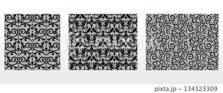Geometric floral set of seamless patterns. Gray and black vector backgrounds. Damask graphic ornaments 134323309