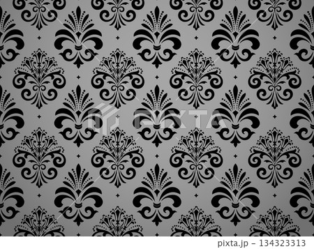 Wallpaper in the style of Baroque. Gray and black floral ornament. Seamless vector background. Graphic pattern for fabric, wallpaper, packaging. Ornate Damask flower illustration 134323313
