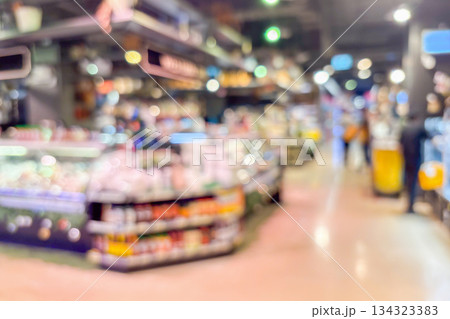 Grocery store aisle and shelves interior blurred background Grocery store aisle and shelves interior blurred background 134323383