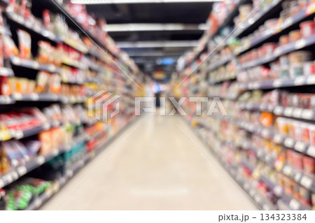 Grocery store aisle and shelves interior blurred background Grocery store aisle and shelves interior blurred background 134323384