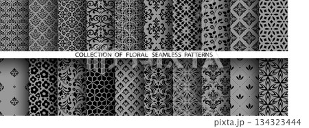 Geometric floral set of seamless patterns. Gray and black vector backgrounds. Damask graphic ornaments 134323444