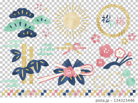 松樹、竹子和梅花裝飾新年——透明水彩向量插圖集 松樹、竹子和梅花裝飾新年——透明水彩向量插圖集 134323446