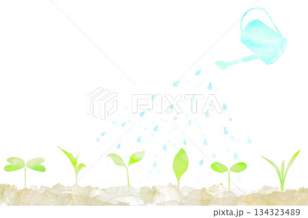 じょうろで水やりされる新芽の水彩イラスト。成長や教育のコンセプト。 134323489