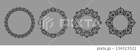 Set of decorative frames Elegant vector element for design in Eastern style, place for text. Floral black and gray borders. Lace illustration for invitations and greeting cards Set of decorative frames Elegant vector element for design in Eastern style, place for text. Floral black and gray borders. Lace illustration for invitations and greeting cards 134323522