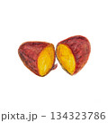 Abstract oil pastel illustration of two split Japanese Sweet Poteto with warm tones on a white background. Minimalist hand-drawn texture expressing growth, nourishment and natural balance. 134323786