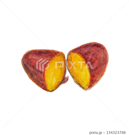 Abstract oil pastel illustration of two split Japanese Sweet Poteto with warm tones on a white background. Minimalist hand-drawn texture expressing growth, nourishment and natural balance. Abstract oil pastel illustration of two split Japanese Sweet Poteto with warm tones on a white background. Minimalist hand-drawn texture expressing growth, nourishment and natural balance. 134323786