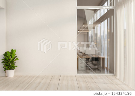 Wooden parquet floor corridor hallway and glass wall of office working room aside window in company. 134324156