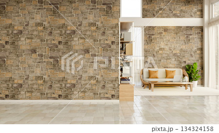 Brown bricks wall mural and shiny tiles floor in a modern house's living room or building's lounge. Brown bricks wall mural and shiny tiles floor in a modern house's living room or building's lounge. 134324158