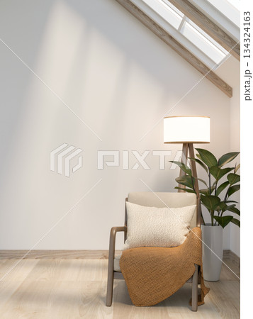 Wooden chair with lamp and pot plant on parquet floor and sunlight through roof window in white room Wooden chair with lamp and pot plant on parquet floor and sunlight through roof window in white room 134324163