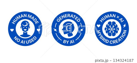 Badge set mix of No AI used, Generated by AI, and Human x AI sign, symbol and sticker labelling Badge set mix of No AI used, Generated by AI, and Human x AI sign, symbol and sticker labelling 134324187
