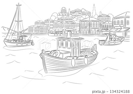 Black and white drawing of a fishing harbor on the Greek island of Symi isolated on a white background 134324188