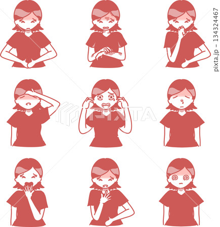 アレルギー症状が出た女性のイラスト　単色 134324467