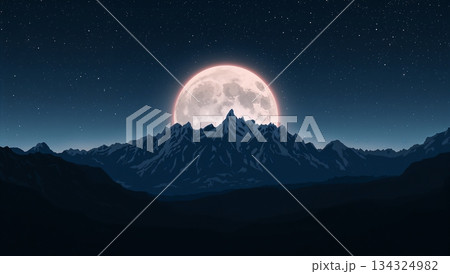 A large moon is in the sky above a mountain range 134324982