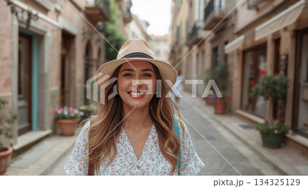 A woman wearing a straw hat and a white dress is smiling in front of a building 134325129