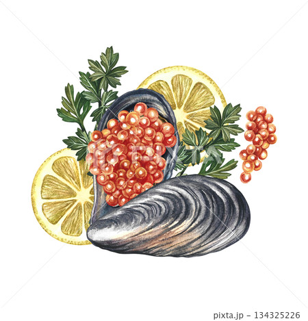 Red caviar in a mussel shell. Hand-drawn watercolor illustration. Beautiful, colorful image of a dish with red caviar, lemon, and herbs. Perfect for menus, recipe books, packaging, labels, and more. 134325226