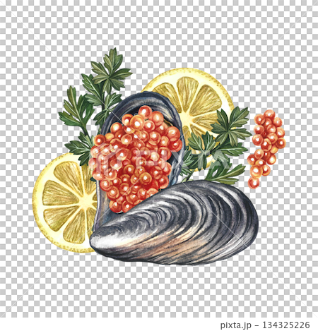 Red caviar in a mussel shell. Hand-drawn watercolor illustration. Beautiful, colorful image of a dish with red caviar, lemon, and herbs. Perfect for menus, recipe books, packaging, labels, and more. 134325226