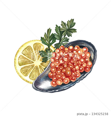 Red caviar in a mussel shell. Hand-drawn watercolor illustration. Beautiful, colorful image of a dish with red caviar, lemon, and herbs. Perfect for menus, recipe books, packaging, labels, and more. Red caviar in a mussel shell. Hand-drawn watercolor illustration. Beautiful, colorful image of a dish with red caviar, lemon, and herbs. Perfect for menus, recipe books, packaging, labels, and more. 134325238