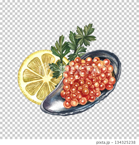 Red caviar in a mussel shell. Hand-drawn watercolor illustration. Beautiful, colorful image of a dish with red caviar, lemon, and herbs. Perfect for menus, recipe books, packaging, labels, and more. 134325238