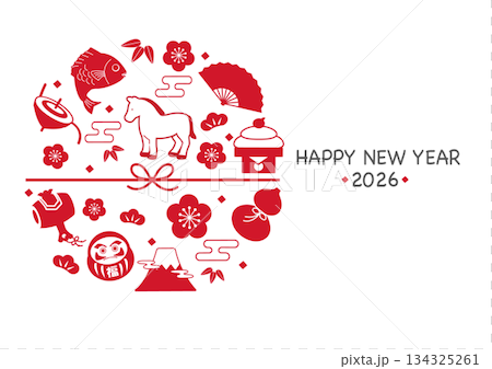 2026年新年賀卡 - 馬和幸運符插圖模板 2026年新年賀卡 - 馬和幸運符插圖模板 134325261