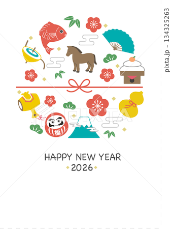2026年新年賀卡 - 馬和幸運符插圖模板 2026年新年賀卡 - 馬和幸運符插圖模板 134325263