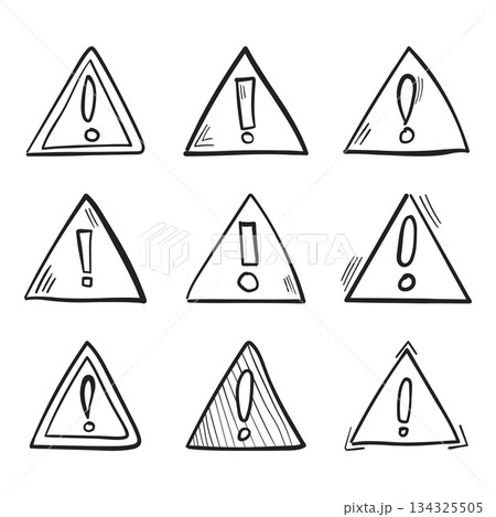 Warnings hand drawn doodle icon set collection in flat style. Alert danger vector illustration on isolated background. Exclamation sign business concept. 134325505