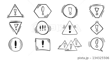 Warnings hand drawn doodle icon set collection in flat style. Alert danger vector illustration on isolated background. Exclamation sign business concept. 134325506