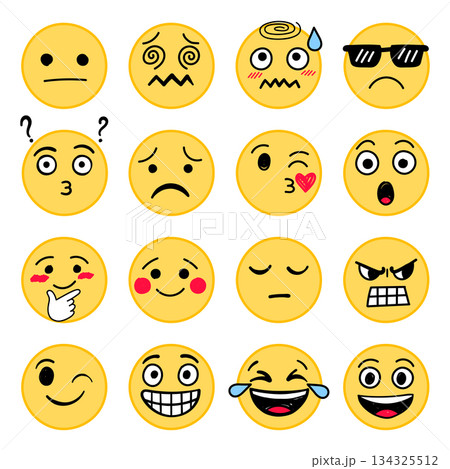 Emojis faces icons set collection in hand drawn style. Doddle emoticons vector illustration on isolated background. Happy and sad face sign business concept. Emojis faces icons set collection in hand drawn style. Doddle emoticons vector illustration on isolated background. Happy and sad face sign business concept. 134325512
