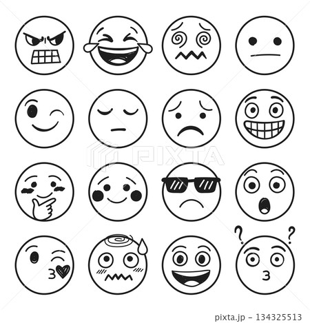 Emojis faces icons set collection in hand drawn style. Doddle emoticons vector illustration on isolated background. Happy and sad face sign business concept. 134325513