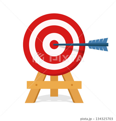 Arrow hitting a target icon in flat style. Success goal vector illustration on isolated background. Darts game sign business concept. 134325703