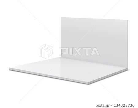 3d stand booth mockup in realistic style. Empty wall room vector illustration on isolated background. Exhibit showroom sign business concept. 3d stand booth mockup in realistic style. Empty wall room vector illustration on isolated background. Exhibit showroom sign business concept. 134325736