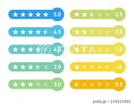 Five star rating icon set collection in flat style. Customer product rating vector illustration on isolated background. Feedback sign business concept. Five star rating icon set collection in flat style. Customer product rating vector illustration on isolated background. Feedback sign business concept. 134325892
