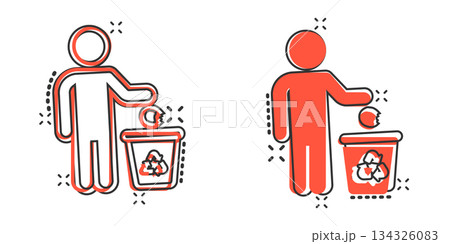Garbage bin with people icon in comic style. Recycle cartoon vector illustration on white isolated background. Trash basket splash effect sign business concept. 134326083