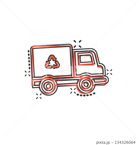 Garbage truck icon in comic style. Recycle cartoon vector illustration on white isolated background. Trash car splash effect sign business concept. 134326084