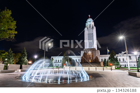 Nebraska State Capitol building and fountains at night in Lincoln 134326188