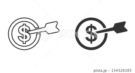 Darts target with dollar icon in flat style. Budget deposit vector illustration on isolated background. Strategy achievement sign business concept. 134326385