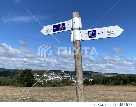 青空の下で分岐するサンティアゴ巡礼路の道標 134326672