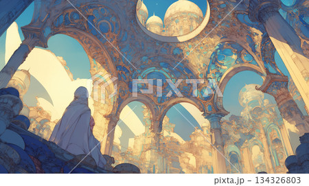千夜一夜の幻想世界を思わせる異国の建築と人物描写が魅力のイラスト素材|アラビアンナイトの物語背景 千夜一夜の幻想世界を思わせる異国の建築と人物描写が魅力のイラスト素材|アラビアンナイトの物語背景 134326803