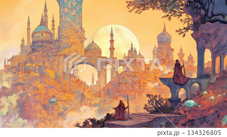 千夜一夜の幻想世界を思わせる異国の建築と人物描写が魅力のイラスト素材|アラビアンナイトの物語背景 千夜一夜の幻想世界を思わせる異国の建築と人物描写が魅力のイラスト素材|アラビアンナイトの物語背景 134326805