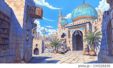 伝説と神話が交差するアラブ世界の幻想宮殿イラスト素材｜ストーリー性のあるシーン作りにぴったり 134326830