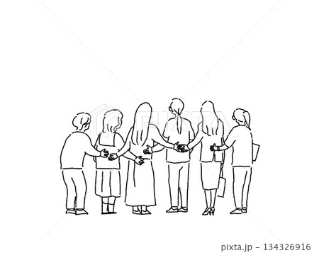 支え合う女性たちの後ろ姿、（医療、介護、高齢者、若者）、線画 134326916